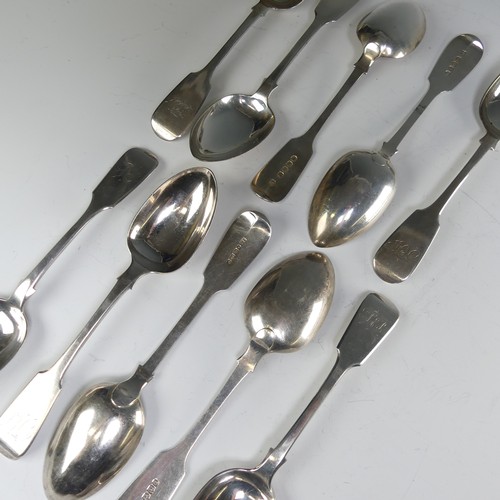 164 - A set of five Victorian silver Dessert Spoons, by John Stone, hallmarked Exeter, 1862, fiddle patter... 