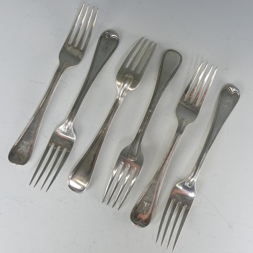 173 - A matched set of six silver Old English Thread pattern Dessert Forks, five by William Comyns & S... 