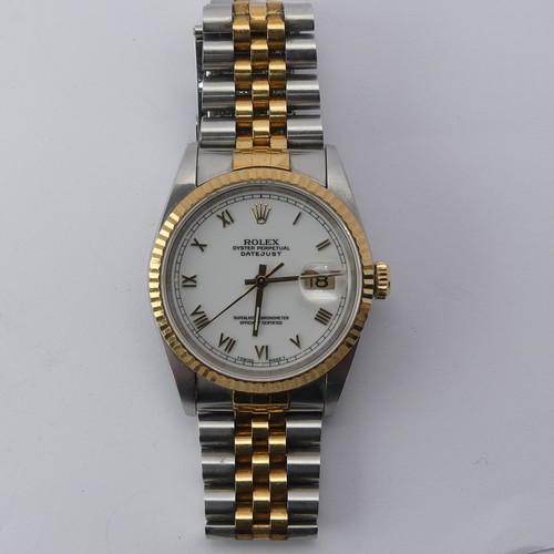 236 - Rolex; A Bi-metal Oyster Perpetual Datejust Wristwatch, model ref. 16233, white enamel dial with gil... 