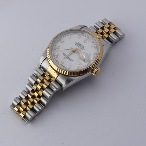 236 - Rolex; A Bi-metal Oyster Perpetual Datejust Wristwatch, model ref. 16233, white enamel dial with gil... 