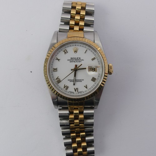 236 - Rolex; A Bi-metal Oyster Perpetual Datejust Wristwatch, model ref. 16233, white enamel dial with gil... 