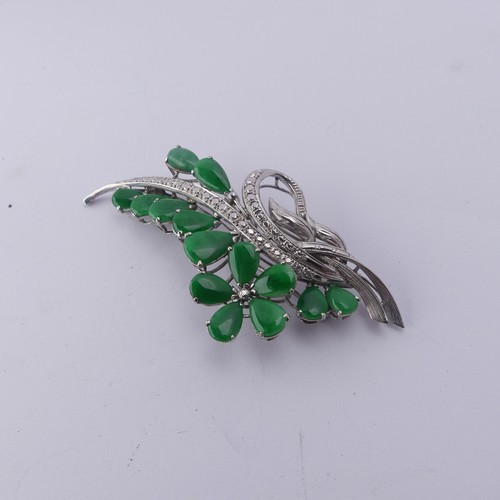 345 - A Chinese white gold and jade foliate Brooch, the reverse marked 18k, circa 1970's, 6.5cm long, tota... 