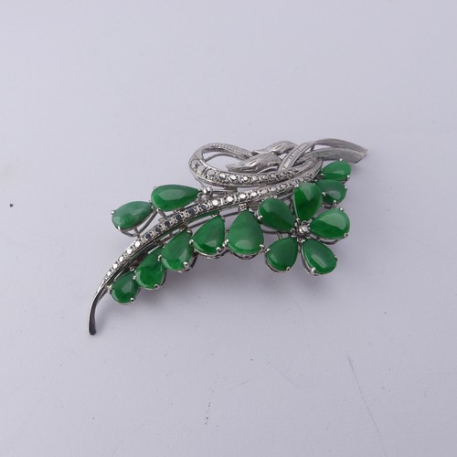 345 - A Chinese white gold and jade foliate Brooch, the reverse marked 18k, circa 1970's, 6.5cm long, tota... 