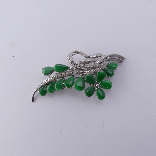 345 - A Chinese white gold and jade foliate Brooch, the reverse marked 18k, circa 1970's, 6.5cm long, tota... 