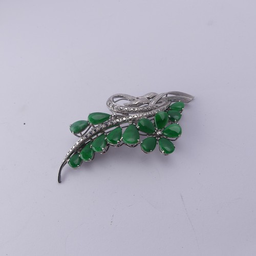 345 - A Chinese white gold and jade foliate Brooch, the reverse marked 18k, circa 1970's, 6.5cm long, tota... 