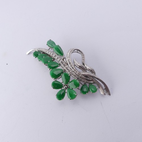 345 - A Chinese white gold and jade foliate Brooch, the reverse marked 18k, circa 1970's, 6.5cm long, tota... 