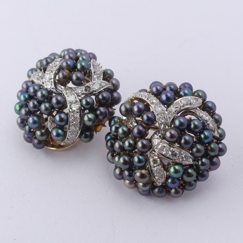 346 - A pair of grey cultured pearl and diamond cluster Earrings, with clip reverses, 22mm diameter.... 