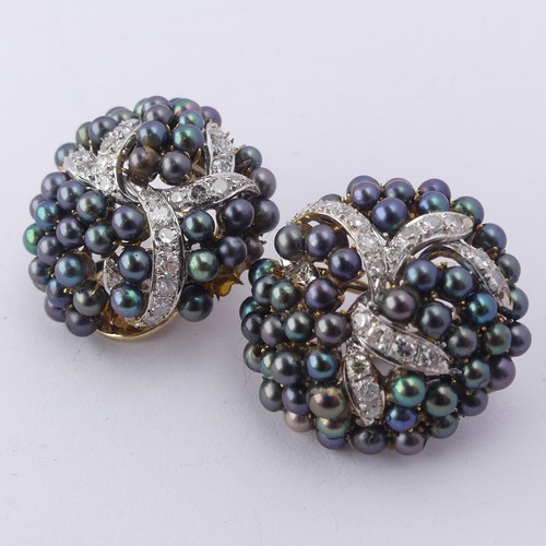 346 - A pair of grey cultured pearl and diamond cluster Earrings, with clip reverses, 22mm diameter.... 