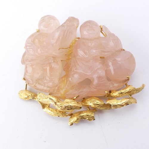 347 - A Chinese 14ct gold mounted rose quartz figural Brooch, the reverse marked 'CECIL 14K' in original r... 