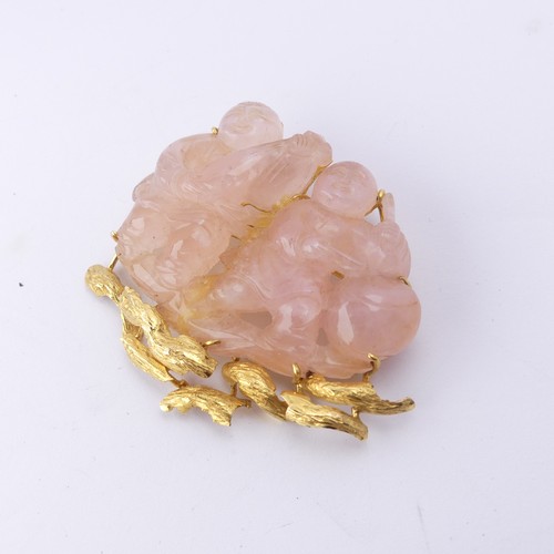 347 - A Chinese 14ct gold mounted rose quartz figural Brooch, the reverse marked 'CECIL 14K' in original r... 