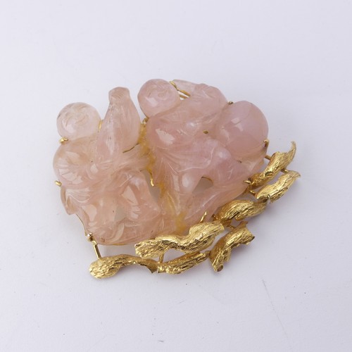 347 - A Chinese 14ct gold mounted rose quartz figural Brooch, the reverse marked 'CECIL 14K' in original r... 