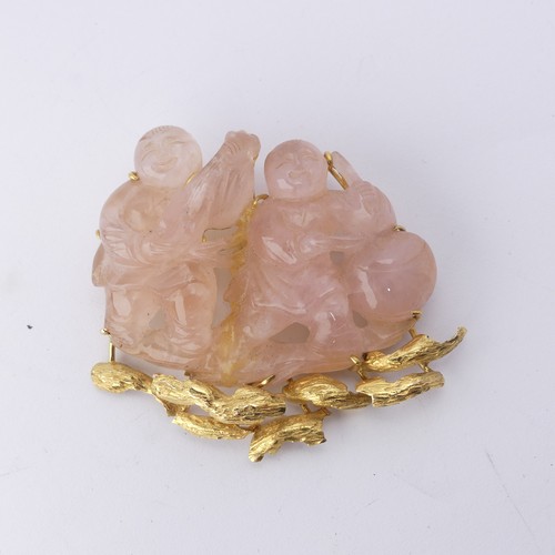 347 - A Chinese 14ct gold mounted rose quartz figural Brooch, the reverse marked 'CECIL 14K' in original r... 