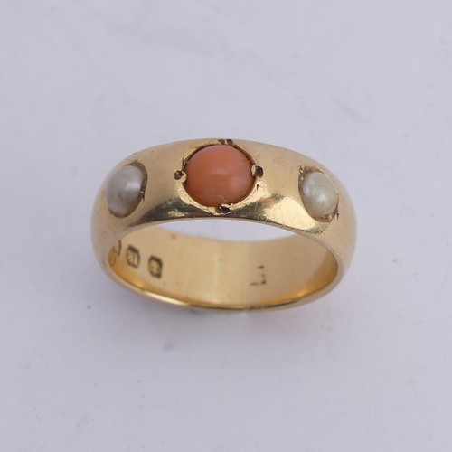 259 - A coral and cultured pearl three stone Ring, the 18ct yellow gold band set with central circular pal... 