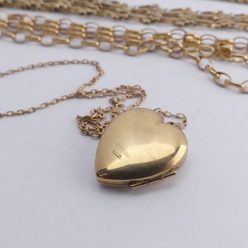 410 - A 9ct yellow gold heart shaped Pendant Locket, the front with foliate decoration, 18mm wide, on 9ct ... 