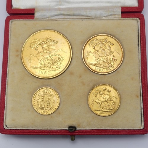 497 - A cased set of four 1887 gold Coins, comprising five pounds (£5), two pounds (£2), sovereign and hal... 