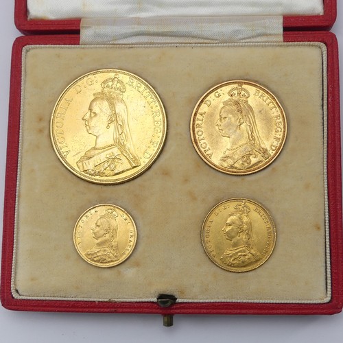 497 - A cased set of four 1887 gold Coins, comprising five pounds (£5), two pounds (£2), sovereign and hal... 