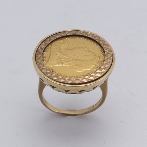 266 - A Victorian gold Half Sovereign, date obscured by 9ct gold ring mount, Size L, total weight 8.7g.... 