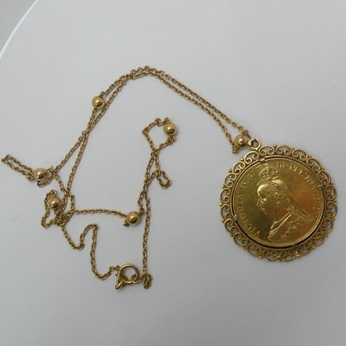 533 - A Victorian £5 (five pounds) gold Coin, dated 1887, four claw set into unmarked pendant mount,... 