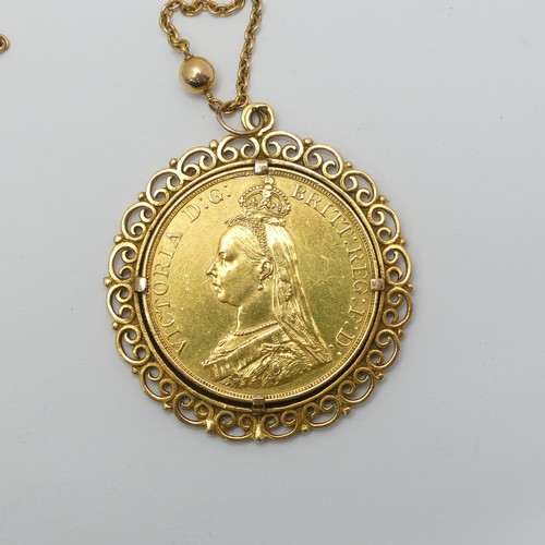 533 - A Victorian £5 (five pounds) gold Coin, dated 1887, four claw set into unmarked pendant mount,... 