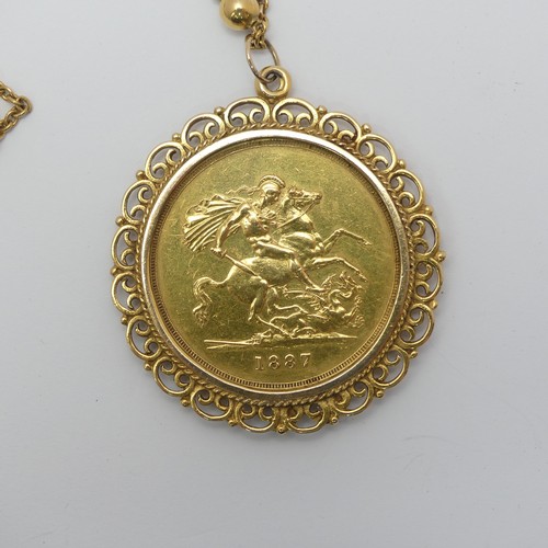 533 - A Victorian £5 (five pounds) gold Coin, dated 1887, four claw set into unmarked pendant mount,... 