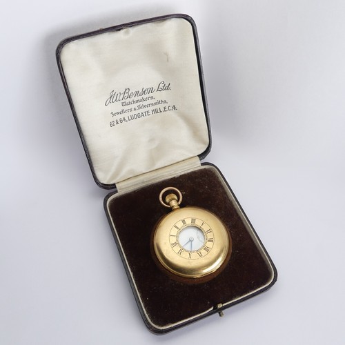 238 - An 18ct yellow gold half hunter Pocket Watch, unsigned white enamel dial with Roman Numerals and sub... 