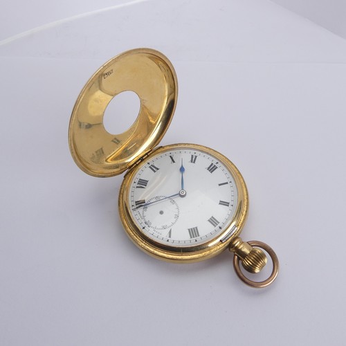 238 - An 18ct yellow gold half hunter Pocket Watch, unsigned white enamel dial with Roman Numerals and sub... 