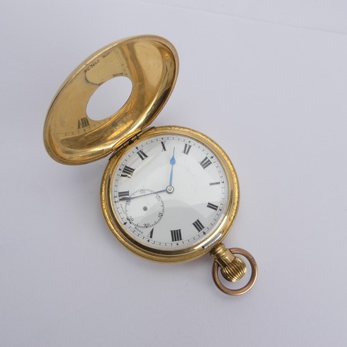 238 - An 18ct yellow gold half hunter Pocket Watch, unsigned white enamel dial with Roman Numerals and sub... 