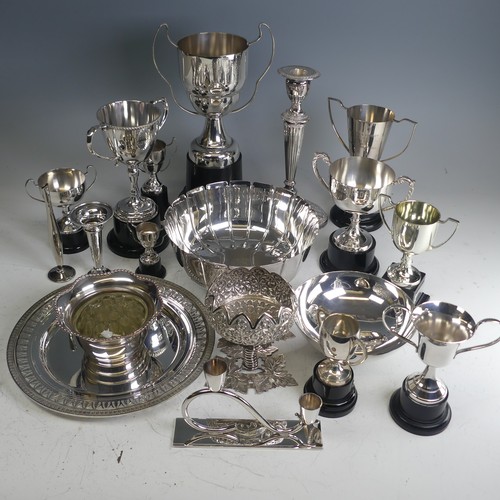 94 - A quantity of silver plated Trophy Cups, bowls, dish, candlestick etc., all the prizes from a flower... 