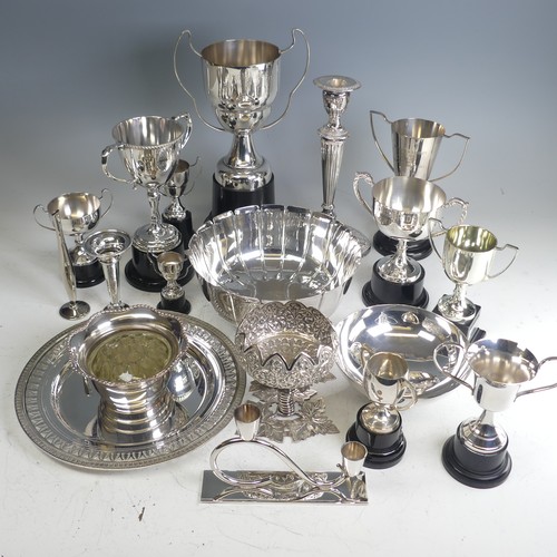 94 - A quantity of silver plated Trophy Cups, bowls, dish, candlestick etc., all the prizes from a flower... 