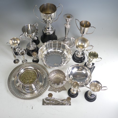 94 - A quantity of silver plated Trophy Cups, bowls, dish, candlestick etc., all the prizes from a flower... 