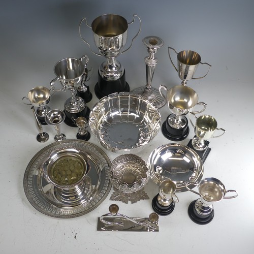 94 - A quantity of silver plated Trophy Cups, bowls, dish, candlestick etc., all the prizes from a flower... 