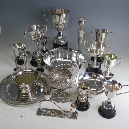 94 - A quantity of silver plated Trophy Cups, bowls, dish, candlestick etc., all the prizes from a flower... 