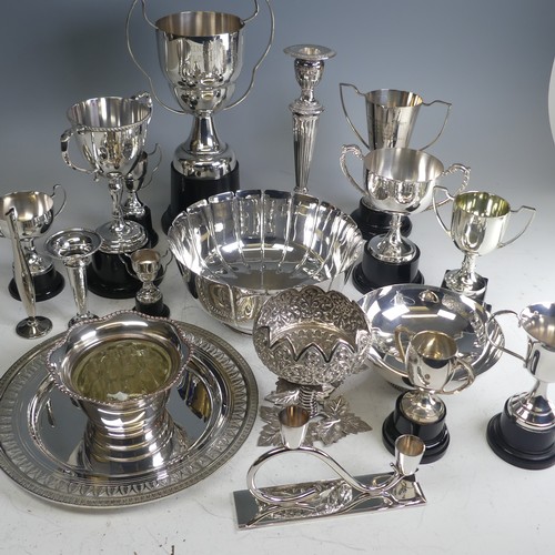 94 - A quantity of silver plated Trophy Cups, bowls, dish, candlestick etc., all the prizes from a flower... 