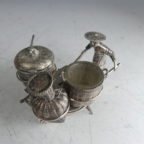 114 - A Chinese novelty silver Cruet, in the form of a richshaw, with mustard, open salt and pepper 'baske... 