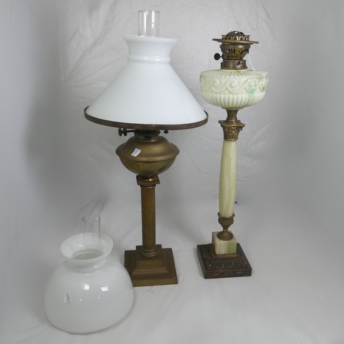 530 - A Victorian Oil Lamp, uranium scrolled glass reservoir, raised on alabaster column and stepped base,... 