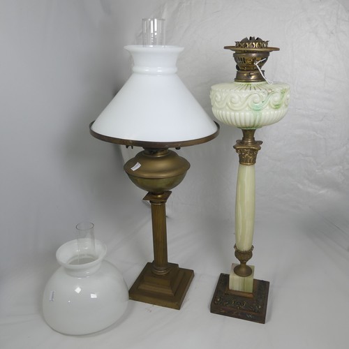 530 - A Victorian Oil Lamp, uranium scrolled glass reservoir, raised on alabaster column and stepped base,... 