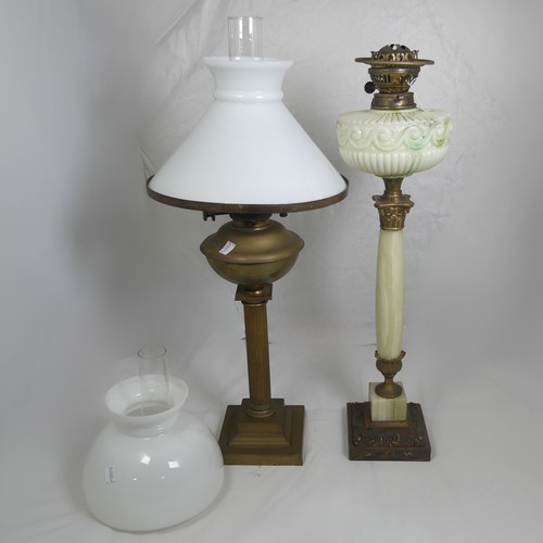 530 - A Victorian Oil Lamp, uranium scrolled glass reservoir, raised on alabaster column and stepped base,... 