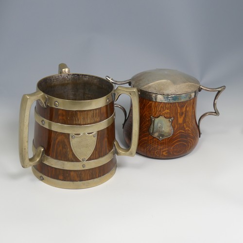 552 - A Victorian metal bound oak Tyg, H 17 cm, together with a silver plate mounted oak ice Bucket, H 15 ... 