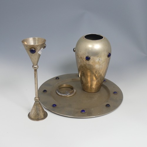 549 - An Arts and Crafts polished pewter Goblet, in the style of Newlyn, with glass roundels, H 22 cm, tog... 