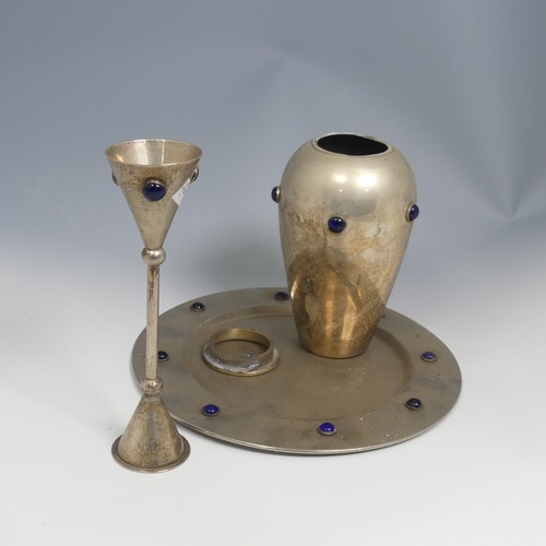 549 - An Arts and Crafts polished pewter Goblet, in the style of Newlyn, with glass roundels, H 22 cm, tog... 