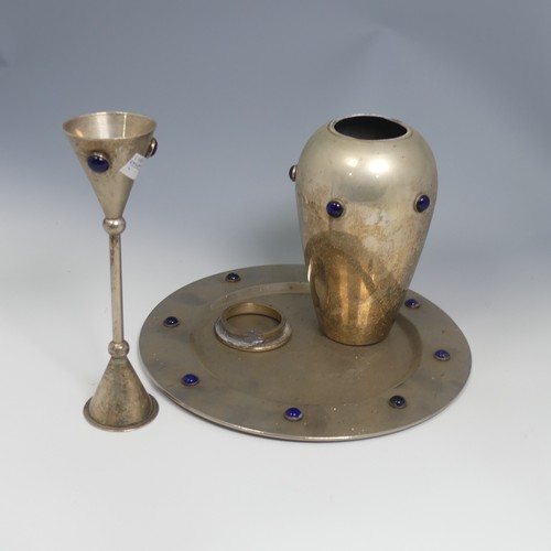 549 - An Arts and Crafts polished pewter Goblet, in the style of Newlyn, with glass roundels, H 22 cm, tog... 