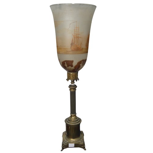 607 - A antique brass table Lamp / candle Holder, large painted frosted glass goblet shade, depicting ship... 