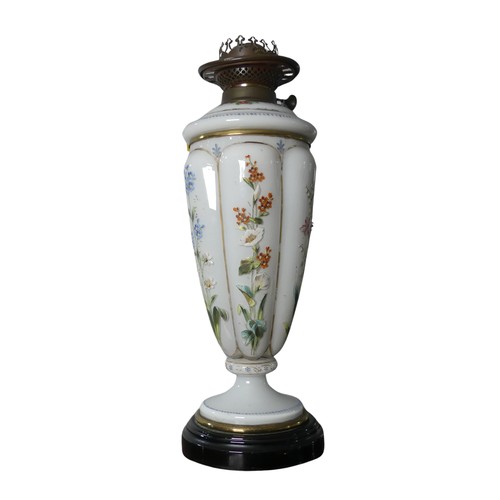 608 - A Victorian opaque and painted glass Oil Lamp, by 'Wright & Butler, Birmingham', burner marked '... 