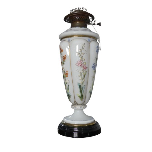 608 - A Victorian opaque and painted glass Oil Lamp, by 'Wright & Butler, Birmingham', burner marked '... 