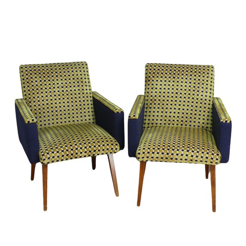 404 - A pair of retro green and blue upholstered Armchairs, circa 1960s, W 61 cm x H 82 cm x  D 68 cm(2)... 