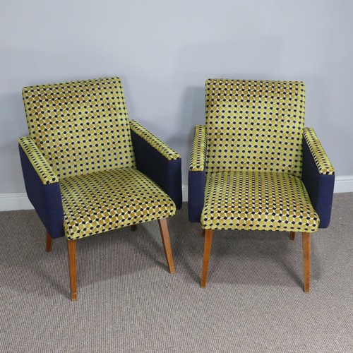 404 - A pair of retro green and blue upholstered Armchairs, circa 1960s, W 61 cm x H 82 cm x  D 68 cm(2)... 