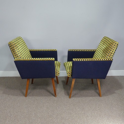 404 - A pair of retro green and blue upholstered Armchairs, circa 1960s, W 61 cm x H 82 cm x  D 68 cm(2)... 