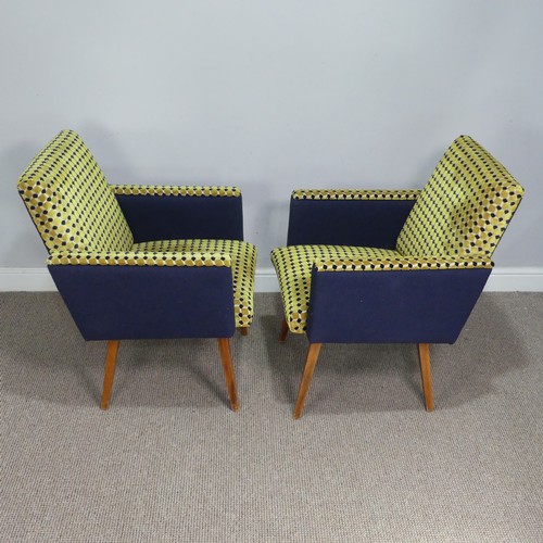 404 - A pair of retro green and blue upholstered Armchairs, circa 1960s, W 61 cm x H 82 cm x  D 68 cm(2)... 