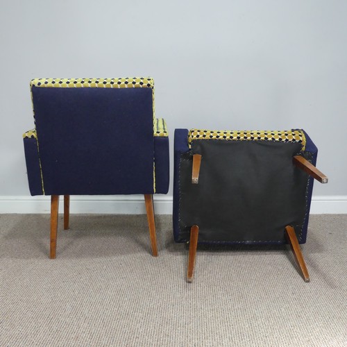 404 - A pair of retro green and blue upholstered Armchairs, circa 1960s, W 61 cm x H 82 cm x  D 68 cm(2)... 