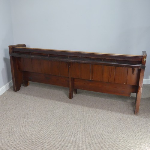 601 - A large antique oak Church Pew, with panelled back and reeded arm supports, W 214 cm x H 84 cm x D 5... 